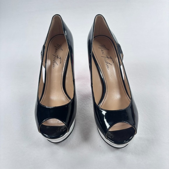 Marc Fisher Heels Peep Toe Pump‎ Black Pink White Platform Pinup 50s Era 7.5 - Picture 4 of 9